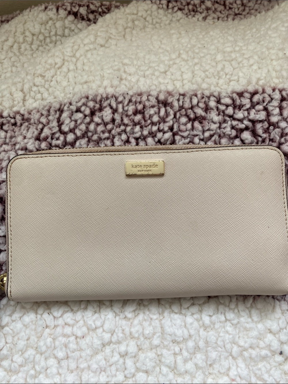 kate spade Cream Saffiano Zip Wallet with Gold Logo Plaque